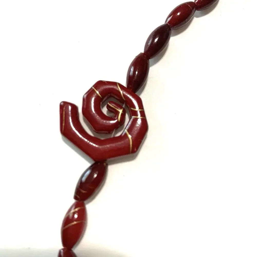 Vintage Acrylic Red Bead Necklace Deep Cherry Red w/ Swirls Gold Accents ~18